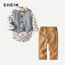 SHEIN/комплект из 3 предметов для маленьких мальчиков с рисунком из мультфильма: комбинезон+ жилет+ штаны, Весенняя модная повседневная детская одежда с бантом