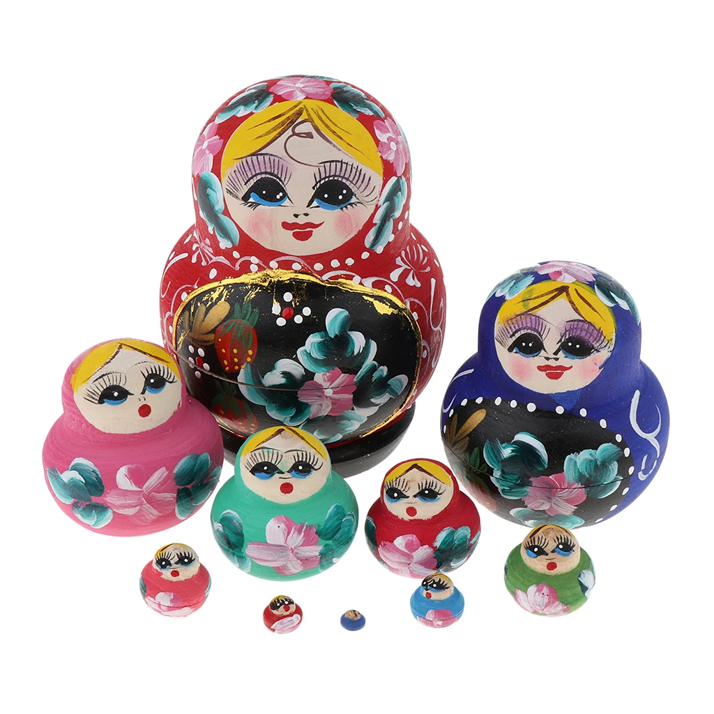 Hand Painted Blue Flower Girl Wooden Russian Nesting Dolls Matryoshka Sets 
