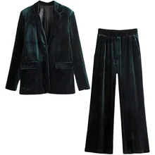 Золотой бархатный костюм с широкими штанами, модный костюм для женщин, осень, ретро темперамент, женский костюм, куртка, сплошной цвет, толстый