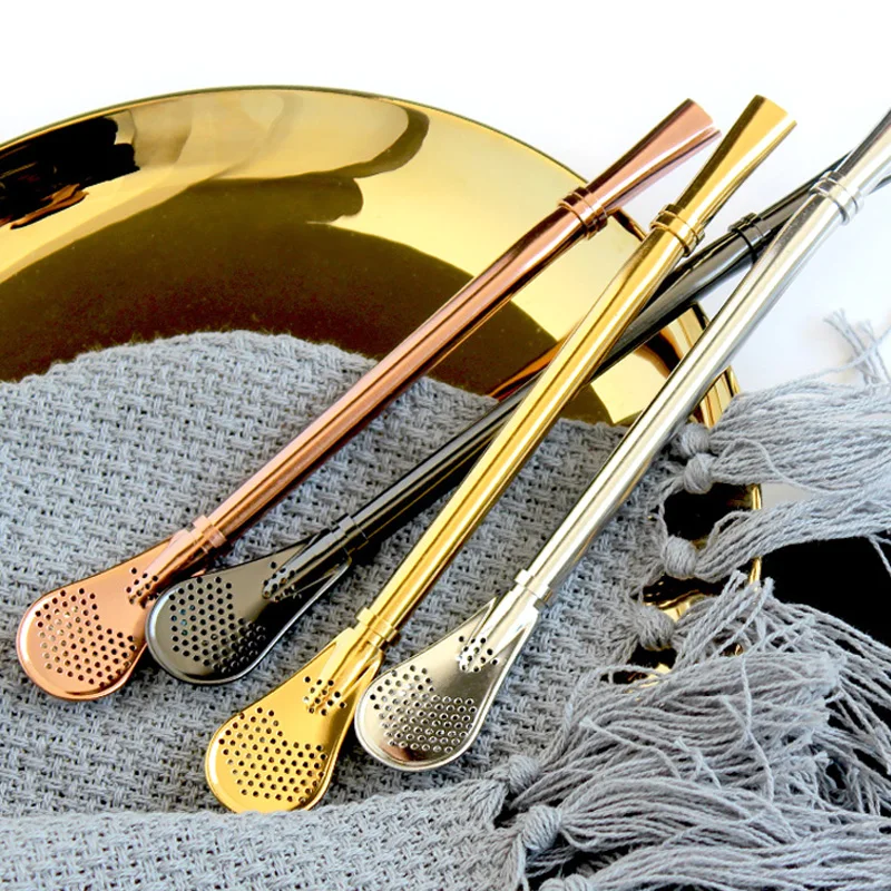Stainless Steel Straw Spoon Reusable Metal Drinking Straws Yerba Mate Bombilla Filtered Straw Teaspoon Bar Accessories