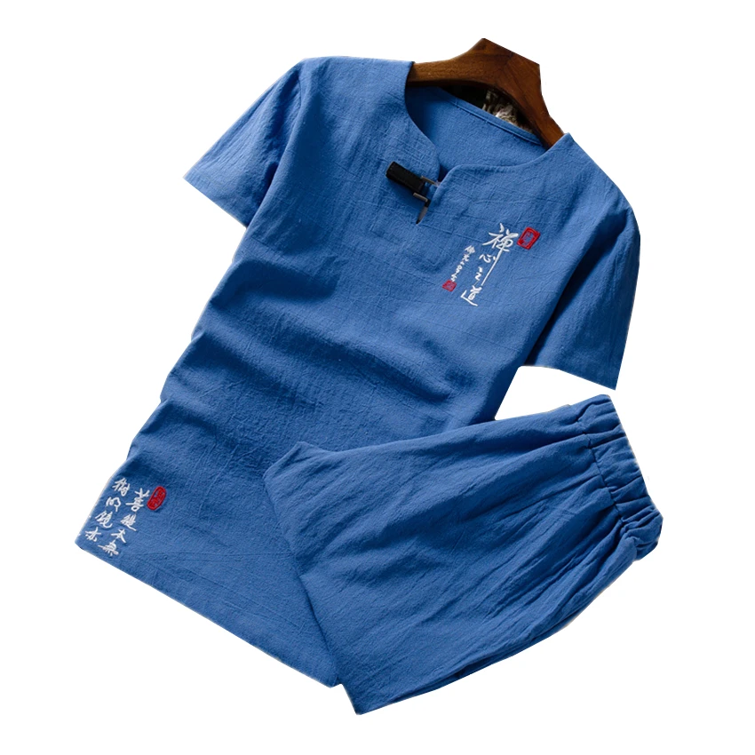  Summer Pure Color Chinese Style Retro Embroidery Men's Short-sleeved Suit 2 Pieces Sets Large Size 