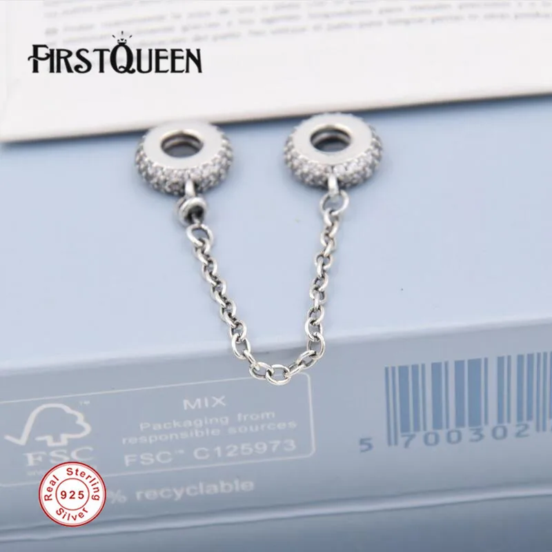 

FirstQueen Brand Pave Inspiration Safety Chain, Clear CZ Charm Bead Fit Silver 925 Bracelet Pendants Crafts joyas de plata 925