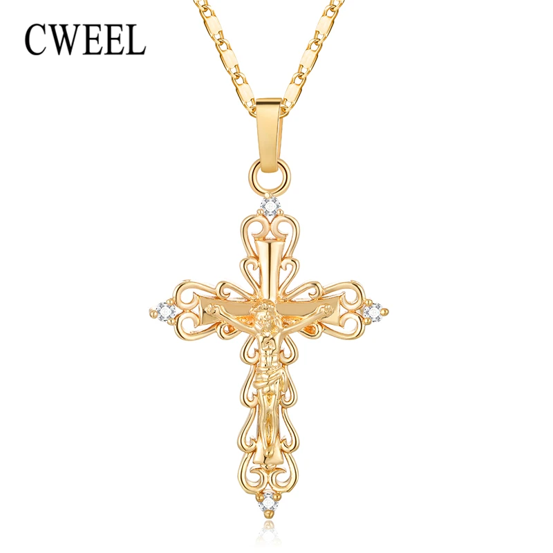 

CWEEL Cross Necklaces Women Long Chain Pendant Necklace Gold Color Statement Necklace Men Christian Religion Jewelry