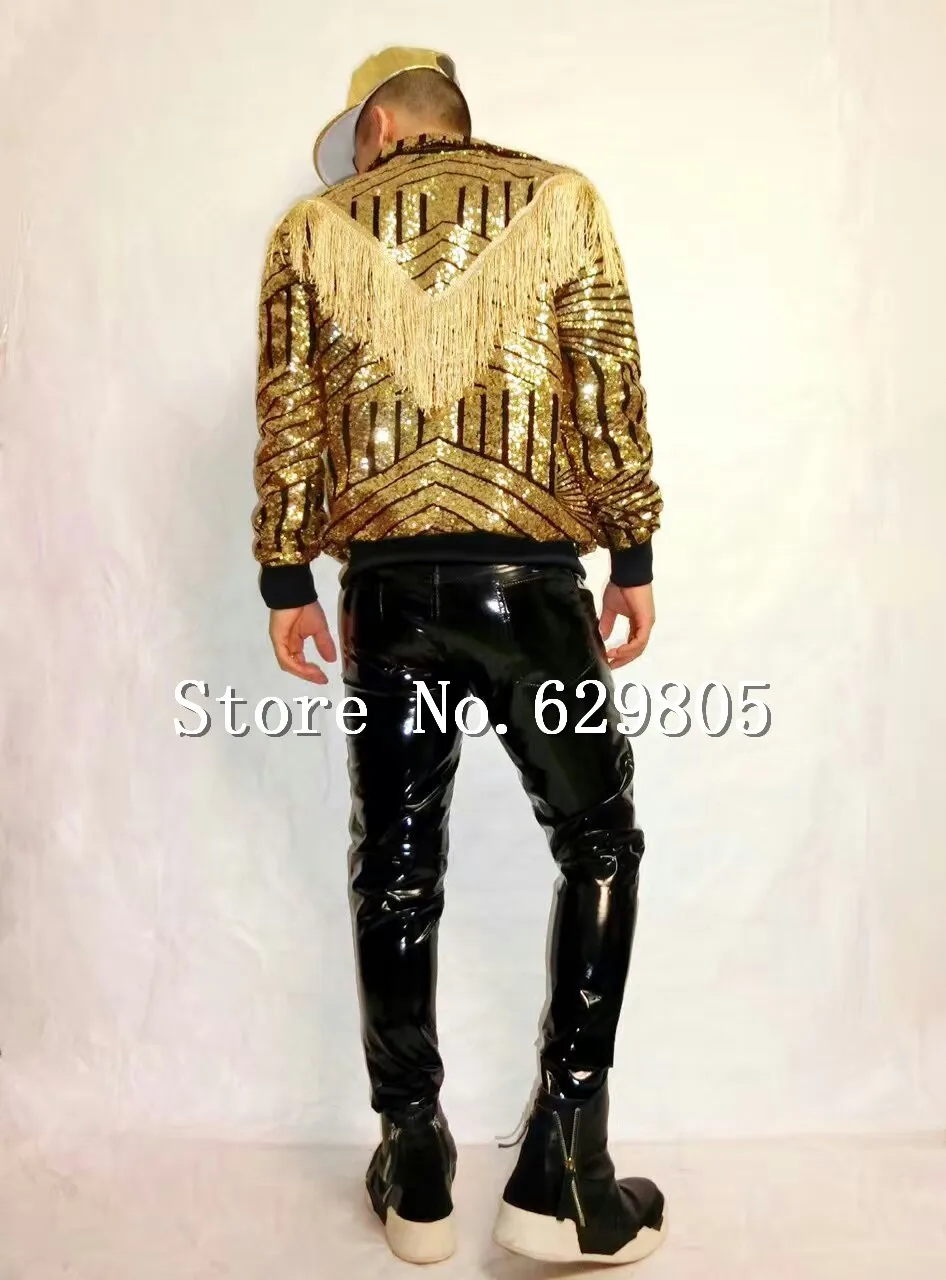 Мужская мода дизайн золото сияющая куртка кисточкой блёстки Блейзер Топ певец ночной клуб наряд Одежда для сцены Яркое пальто костюм