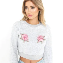 Women Long Sleeve Training Sweater Sport Fitness Running Sexy Hoodies Round Floral Embroidery Neck Sweatshirt Pullover