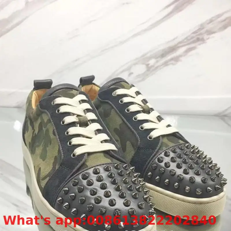 

Low-cut Leather Loafers Armygreen Rivet Leisure Casual Shoes Sneakers Sports Red Bottoms Shoes For Men Flat Lace Up