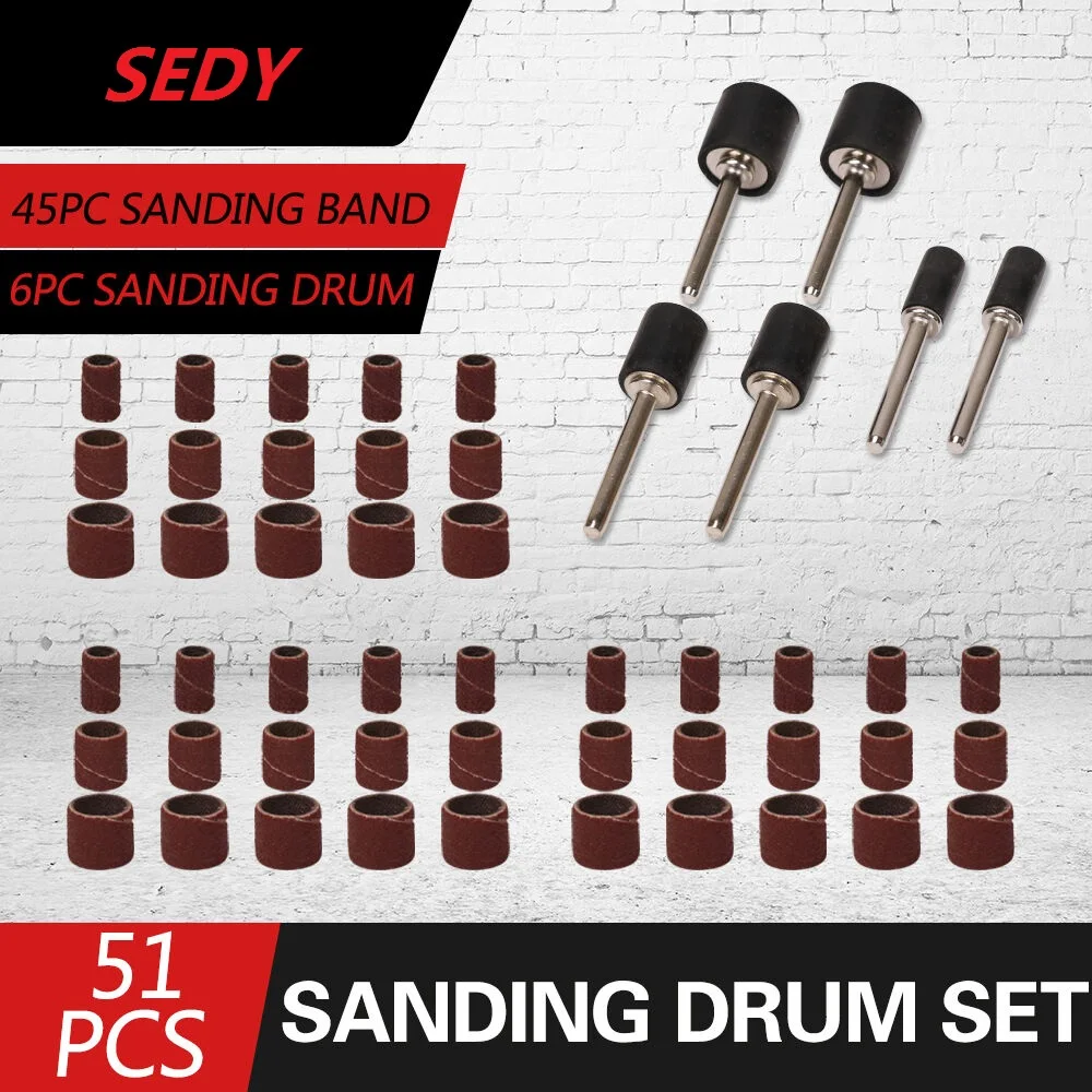

SEDY 51Pcs Drum Sanding Kit Drill Chuck Sander Tool Set 1/2 1/4 3/8 Abrasive Sanding Bands Accessories Fits for Sanding Tools