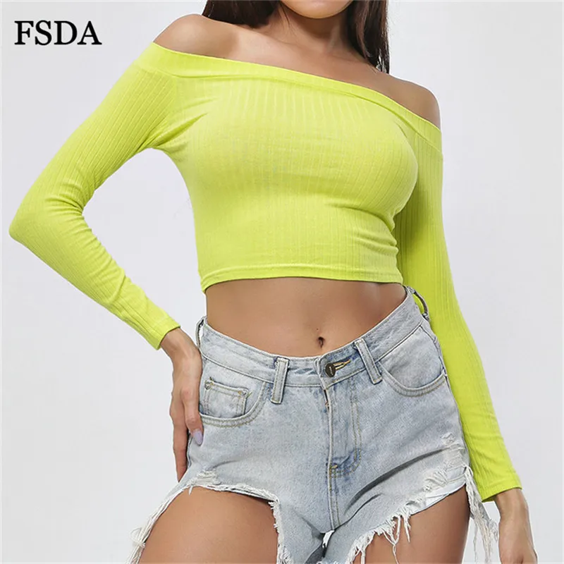 

FSDA Neon Strapless Crop Top Summer Long Sleeve Slim Fit Casual Streetwear Short Women T Shirt