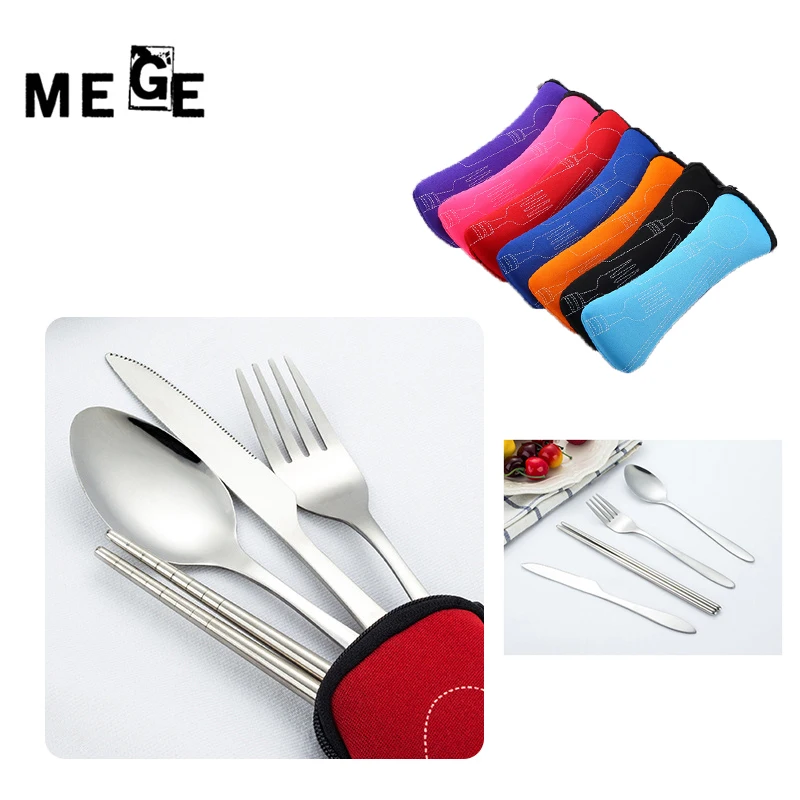 

MEGE Stainless Steel Camping Cutlery Tools Fork Spoon Knife Chopsticks Travel Outdoor Portable Tableware Picnic Set
