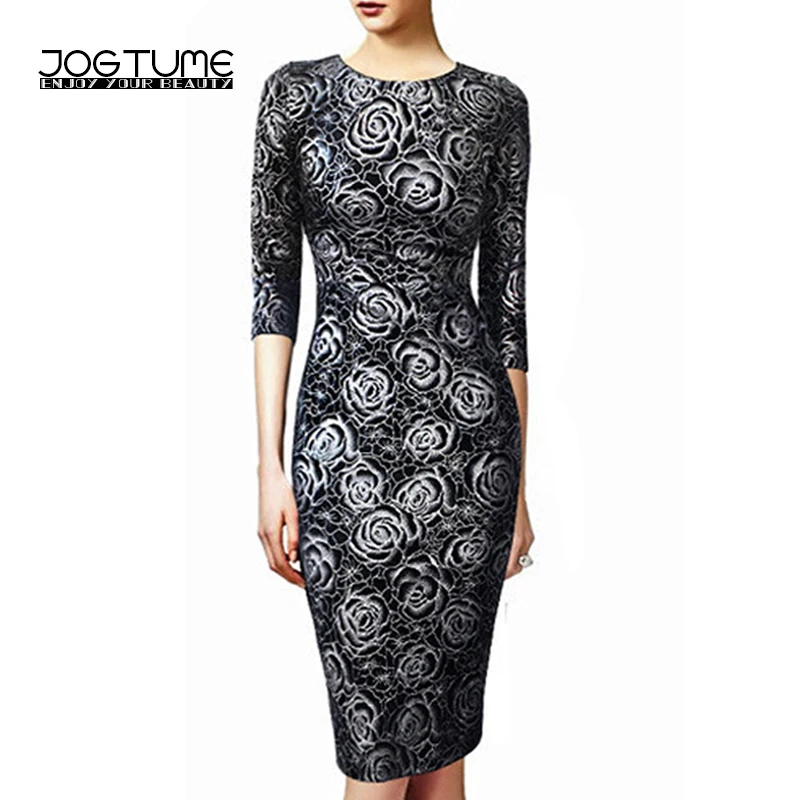 

JOGTUME 2017 Women Rose Golden Foil Print Elastic Pencil Dresses Long Sleeved Round Neck Fashion Lady Casual Dresses Hot Sale