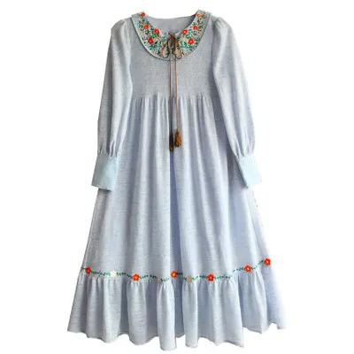 Линетт's chinoiseroy весна осень дизайн для женщин Вода Синий Вышивка antocaulus фонарь с кисточкой рукав трикотажное платье
