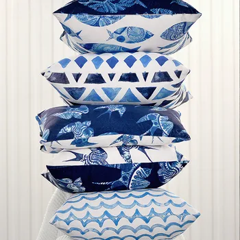 

DUNXDECO Cushion Cover Decorative Pillow Case Geometric Bird Fish Sea Water Ripple Double Print Blue Color Soft Fleece Coussin