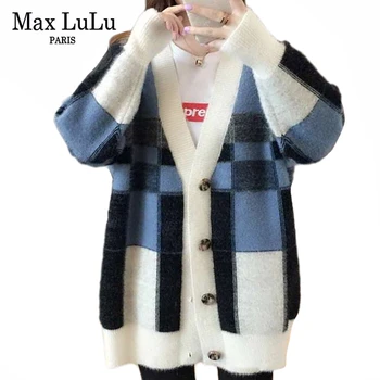 

Max LuLu Korean Fashion Ladies Vintage Clothes Womens Winter Cotton Knitted Plaid Sweaters Casual Knitwear Warm Long Cardigans