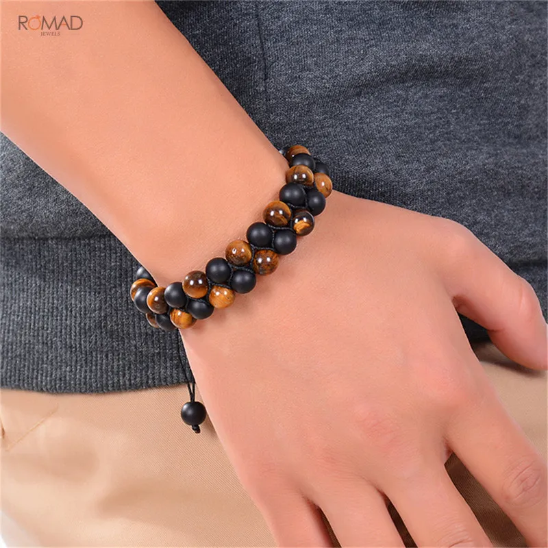 

Romad Black Adjustable Tiger Eye Double Row Bracelet Natural Stone Beaded Bracelet For Men Women Jewelry