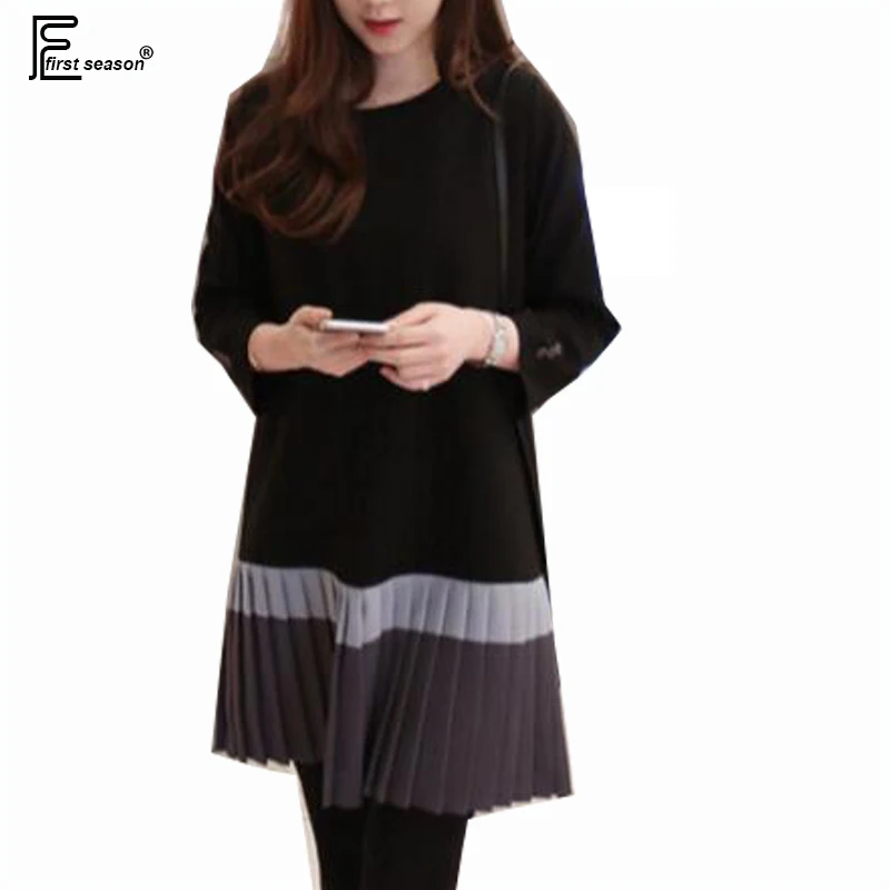 

Autumn Winter Dresses Black Fashion Women Vintage Cute Sweet Basic Wear Patchwork Loose Plus Size Pleated Dress 1120F