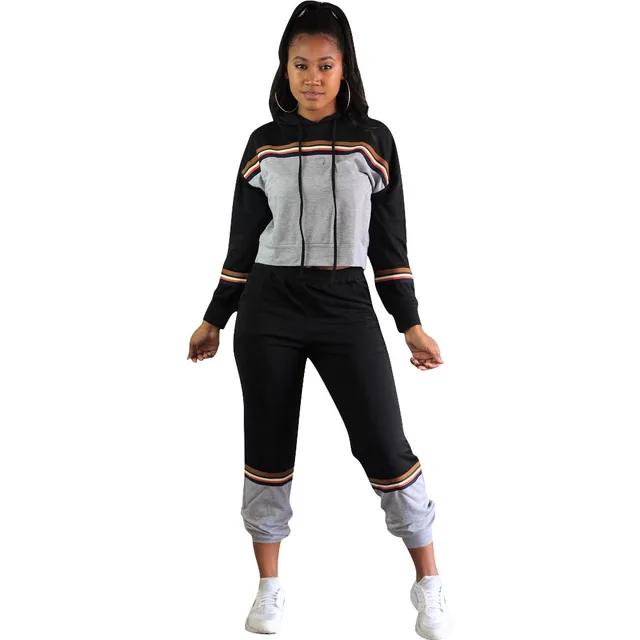Women Stripe Patchwork Cotton Tracksuit Winter Long Sleeve Pullover