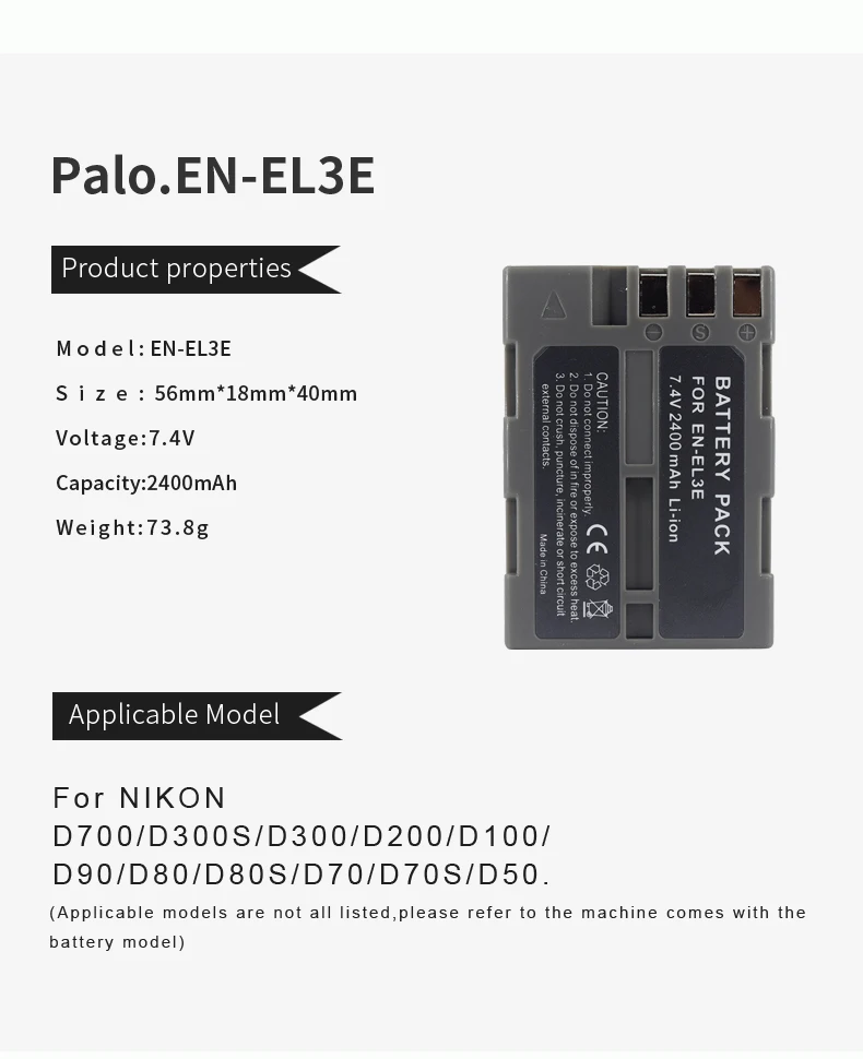 Высокое качество EN-EL3e EL3e 7,4 V 2400 мА/ч, Камера батареи для Nikon ENEL3E RU EL3E D30 D50 D70 D90 D70S D300