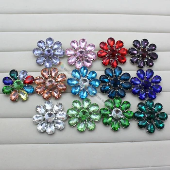 

10pcs 45mm Mixed Colors Flower Crystal Brooch Pin Jewelries Rhinestone Center Silver For Wedding Bridal Dress Browband Accessory