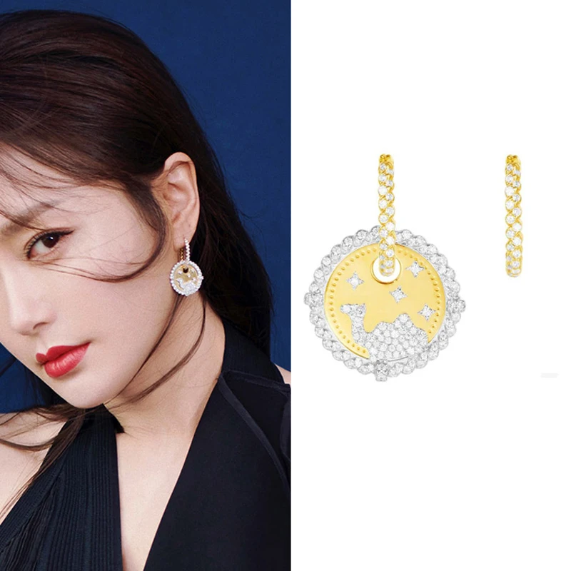 

New Antique Gold Tone Mosaic AAA Crystal Vintage Camel Round Card Pendant Asymmetry Buckle Hoop Earrings For Women Luxury Bijoux