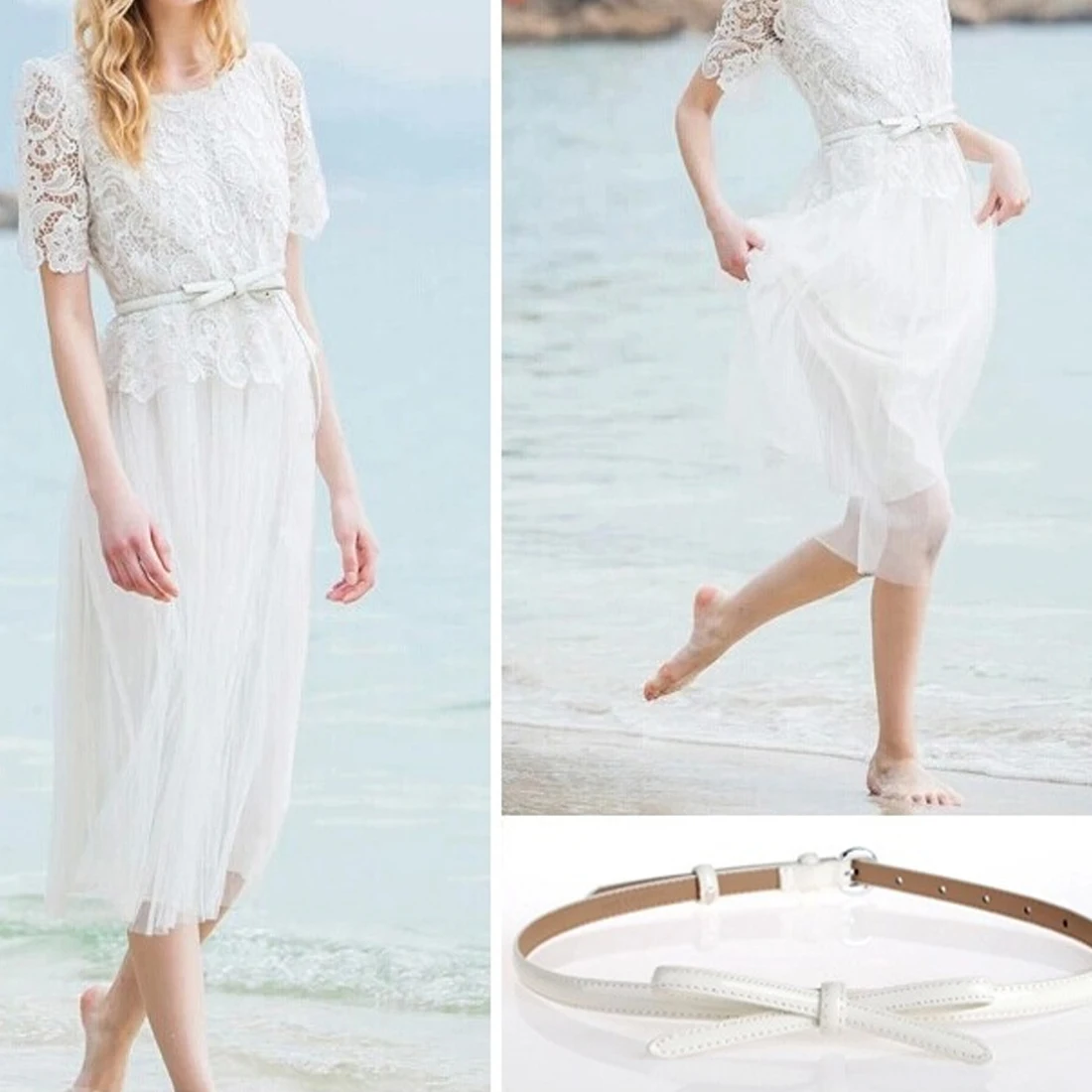 Decorative Women Faux Leather Red Bowknot Belt Slim Thin Waist Belt