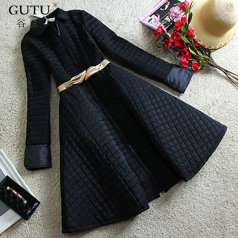 

[GUTU] 2017 Autumn Winter New Solid Color Self-cultivation Long Coat Zipper Long Sleeve Women Warm Jacket With Belt B86801