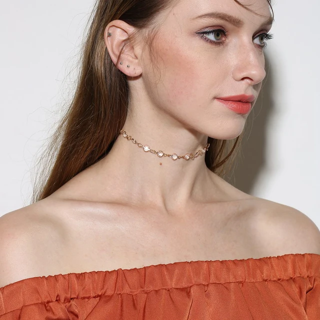 Trendy Crystal with Alloy Link Chain Choker Necklace Fashion