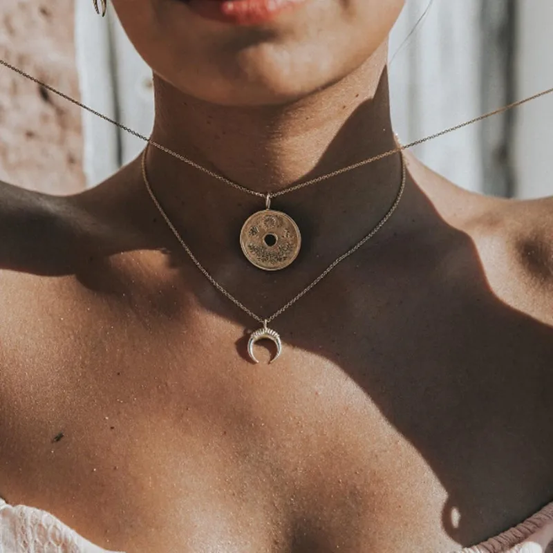 

Bohemian Gold Color Double Layered Necklace Women Round Coin Moon Pendant Necklaces Female Metal Sequins Jewelry