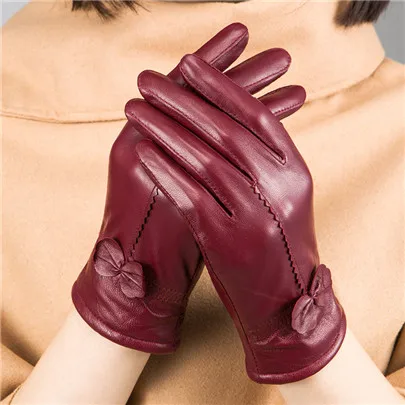 VISNXGI кашемировые перчатки, сохраняющие тепло, кожаные женские перчатки, модные зимние женские перчатки из овчины с бантом, женские перчатки Guante - Цвет: G044 Purplish red