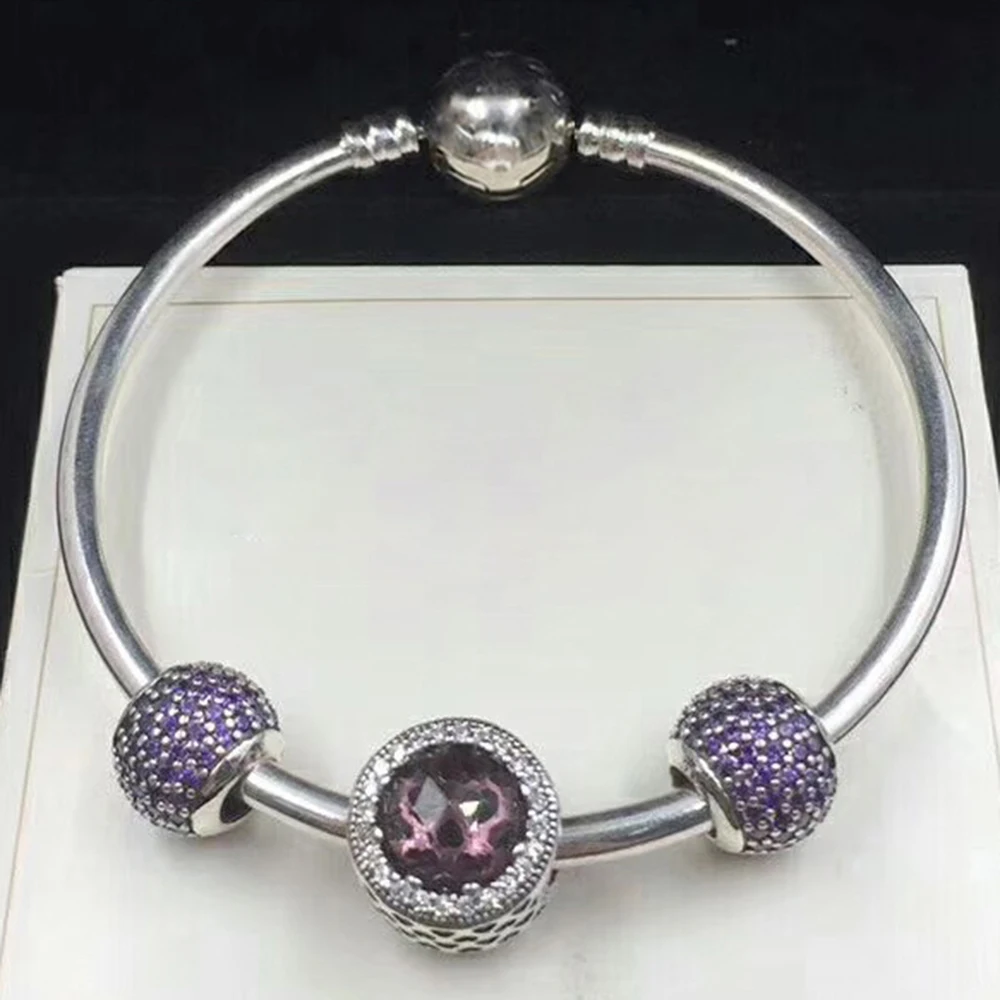 

NEW 100% 925 Sterling Silver 791725NRP ROYAL PURPLE RADIANT HEARTS CHARM 791051CFP Fancy Purlple Pave Ball Charm Bracelet Set