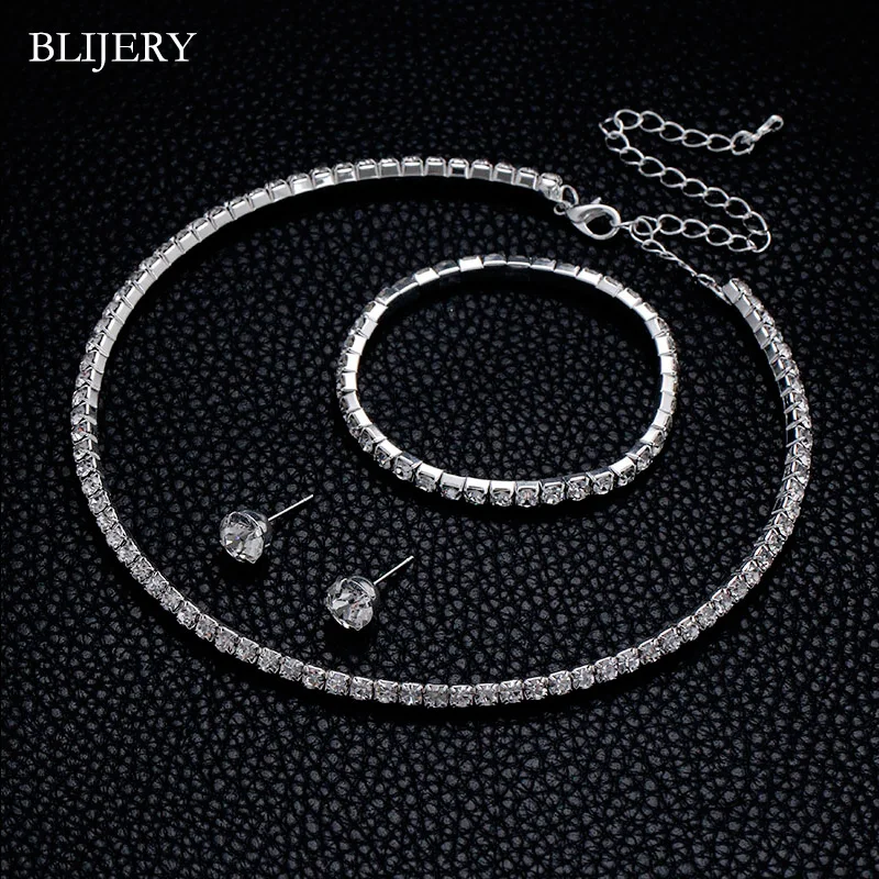 BLIJERY серебряный цвет невесты комплект ювелирных изделий с драгоценными камнями хрустальный круглый свадебный ожерелье серьги браслет наборы для женщин