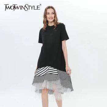 

TWOTWINSTYLE Trumpet Dress Female Short Sleeve Striped Mesh Patchwork Asymmetrical Midi Dresses 2020 Spring Summer Fashion New