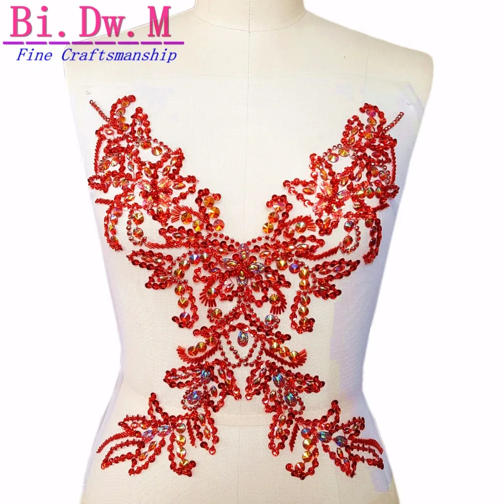 

Bi.Dw.M Fine Craftsmanship Beaded 32x39cm Red Sewing Rhinestone Crystal Applique Patches For Wedding Bridal Dress Decoration Diy