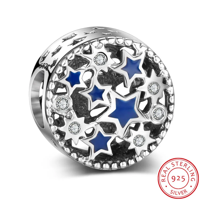 

925 Sterling Silver Blue Starts Enamel Beads Round Hollow DIY Big Hole Charms Bead Fit For Pandora Charm Bracelet Jewelry Making