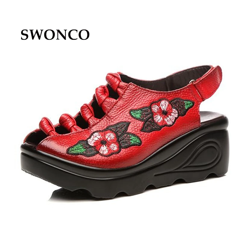 Aliexpress.com : Buy SWONCO Women's Sandals 7cm Thick Sole Embroider Ladies Shoes Genuine