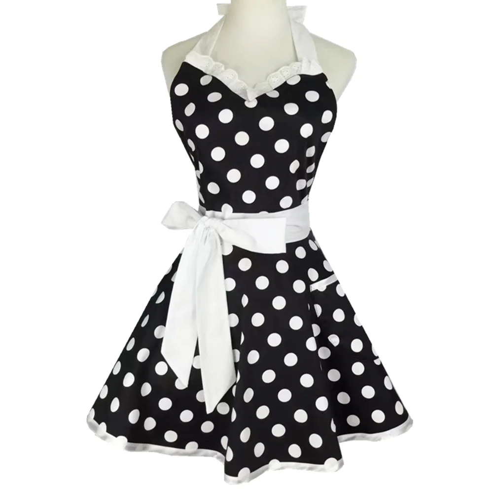 1pc Lace Dots Printed Kitchen Apron For Women Ladies Cotton Waitress Aprons Home Cooking Restaurant Cafe Coffee Shop (Black) | Дом и сад