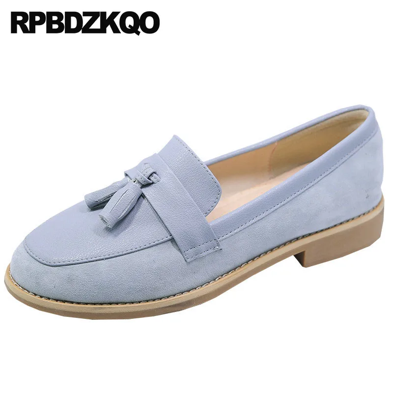 blue fringe japanese school tassel genuine leather loafers women drop shipping suede round toe ladies beautiful flats shoes