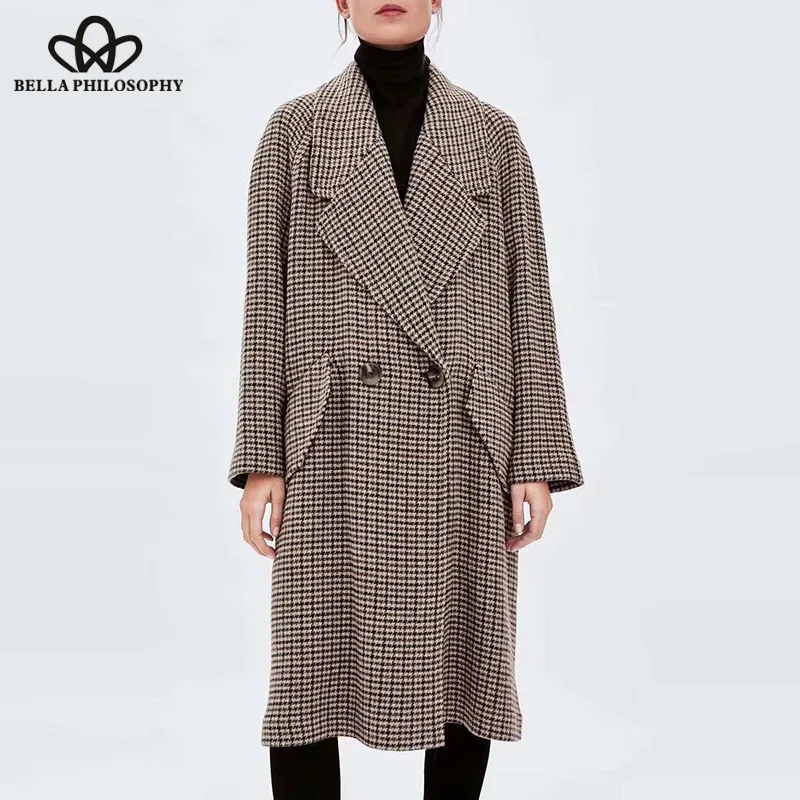 Wonder 2018 new autumn Double Breasted Plaid Coats Vintage Pockets Female Loose Long Coat Turn Down Collar Lady Casual Outwears