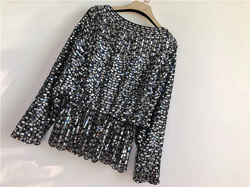 Colors Ruffles Sequined Beading Women Luxury  Fashion V-neck Batwing Sleeve Pullovers Blouse Top 25