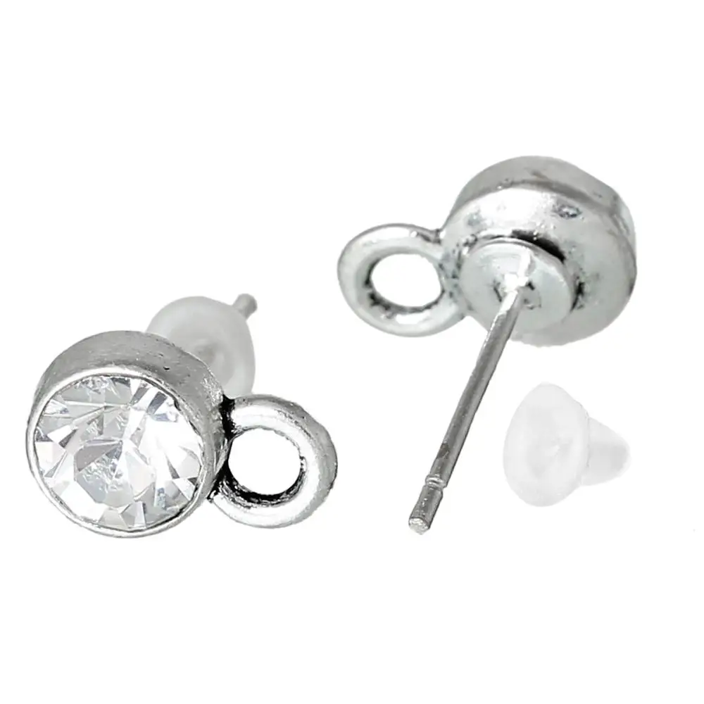 

DoreenBeads Earrings Post Studs Round dull silver color Clear Rhinestone Faceted With Loop Stoppers 10.5mm x 7.0mm,10Pairs