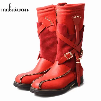 

Mabaiwan Fashion Med Genuine Leather Flats Women Shoes Winter Autumn Mid Calf Zipper Boots Buckle Handmade Cowboy Riding Boots