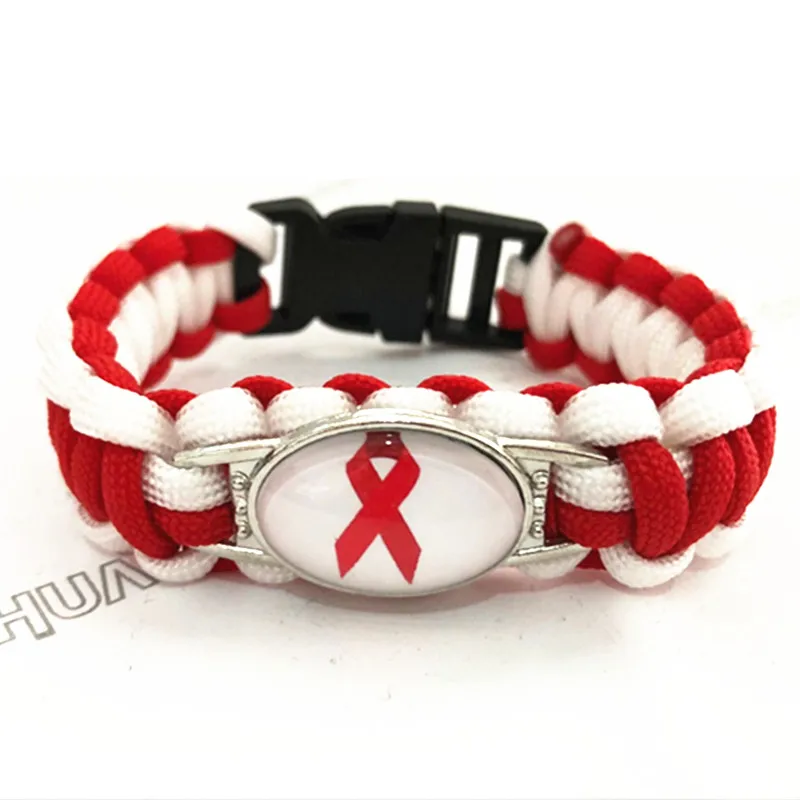 Hand Made AIDS Cancer Awareness Chamr Paracord Bracelet Red Ribbon Survival Bracelets &amp Bangles For Man And Woman 10pcs/lot | Украшения