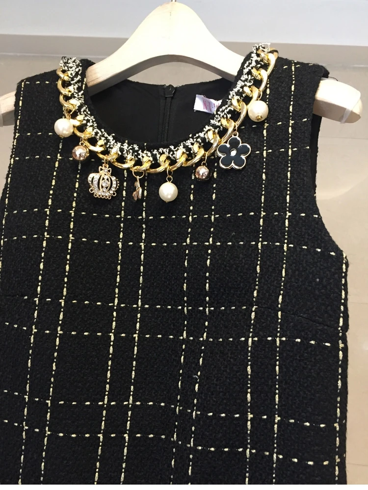 Высококачественное Брендовое Платье женское платье без рукавов с бриллиантами ожерелье осень зима твидовое шерстяное клетчатое черное платье Vestido