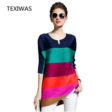 TEXIWAS Весна Лето Новое плиссированное платье с О-образным вырезом и длинными рукавами женская модная свободная полосатая одежда высокого качества