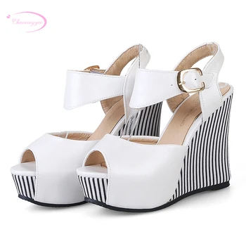 

Chainingyee sweet sexy peep toe summer sandals striped belt buckle platform pink black beige high-heeled wedge women's shoes