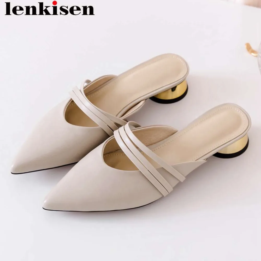 

Lenkisen simple style low heels full grain leather slip on mules pointed toe women pumps movie stars party wedding shoes L08