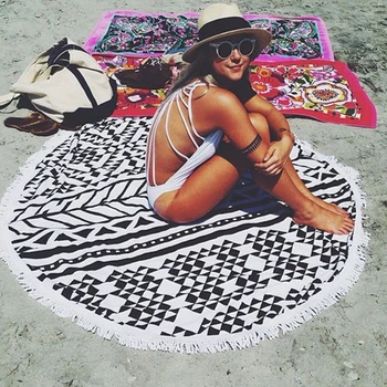 26 Colors 150cm Tassel Giant Beach Blanket Donut Pizza Picnic Camping Mat Round Sandbeach Towel Printed Cloth Pad Shawl Mattress 1