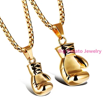 

High Quality 1Pair Gold Boxing Gloves Stainless Steel Charming Men's Womens Pendant Necklace Chain For Lovers Free Box Chain