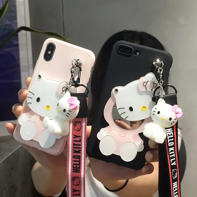 

Oneplus 5T KT mirror Case, Cute hello kitty Soft Case for Oneplus 5 / Oneplus 3 3T/ oneplus 6T 6 pink black KT case + toy +Strap