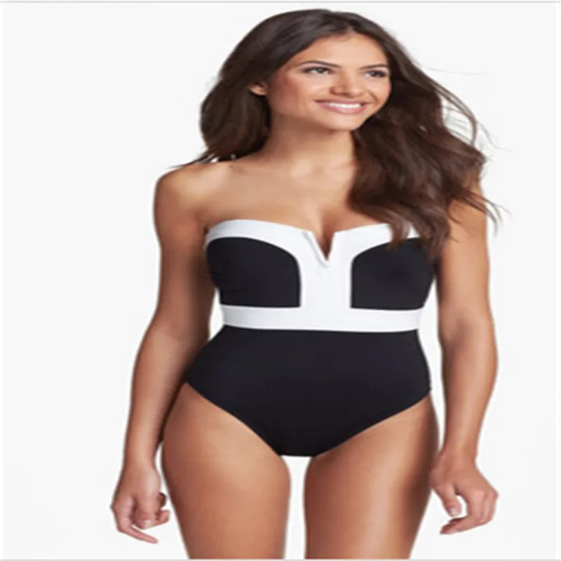 

2017 New Summer Beach Push Up One Piece Swimsuit Women Strapless Patchwork Swimwear High Waist Bodysuit Bathing Suit W