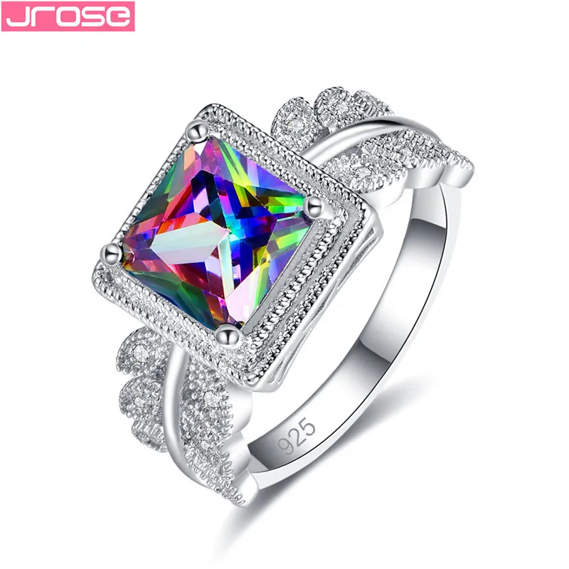 

JROSE Geometric Rainbow blue Cubic zircon Sterling Silver 925 Jewelry Rings For Women Leaf Lace Wedding Engegement Finger Bands